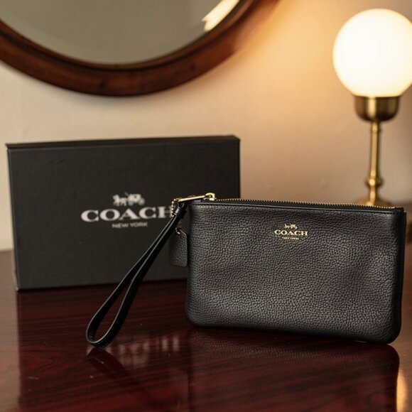 Coach Black Pebble Wristlet With Leather Hang Tag and Gold Hardware - Picture 1 of 12